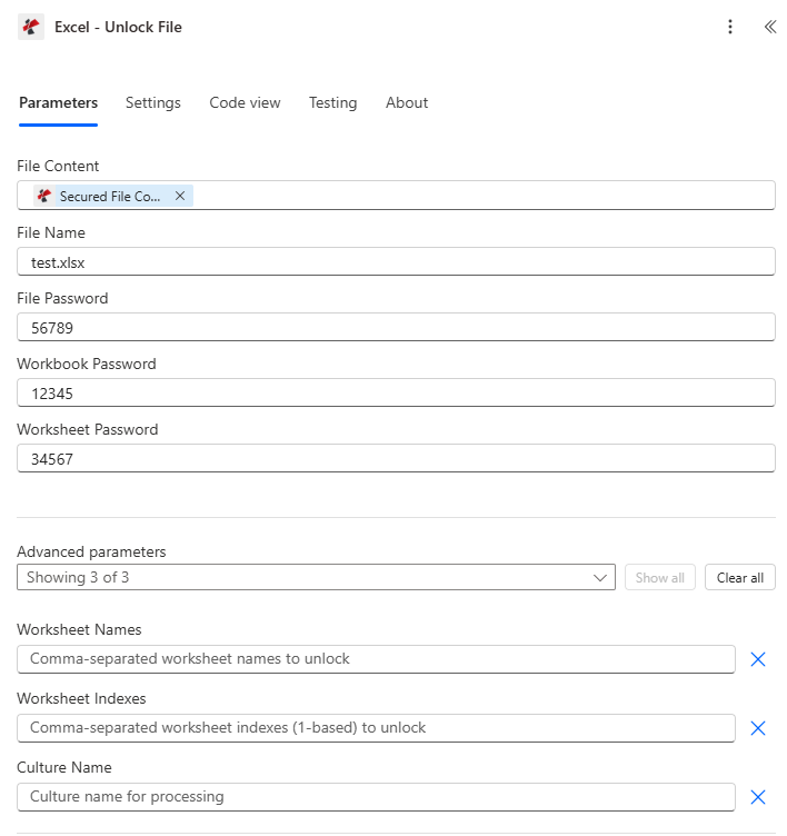 Clicca per ingrandire Azione Power Automate PDF4me Excel Unlock File configurata con Contenuto file mappato da Contenuto file protetto, Nome file test.xlsx, Password file 56789, Password cartella di lavoro 12345, Password foglio di lavoro 34567 e parametri avanzati che mostrano 3 di 3 con i campi Nomi foglio di lavoro, Indici foglio di lavoro e Nome cultura.